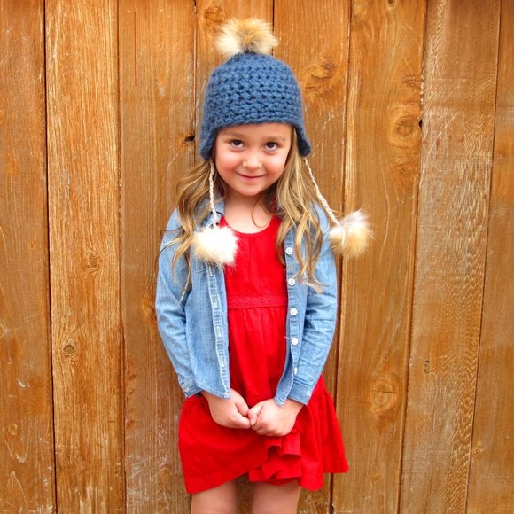 REAL FOX FUR Puff & Tassle Beanie for Toddlers/Infants (Dark Blue)